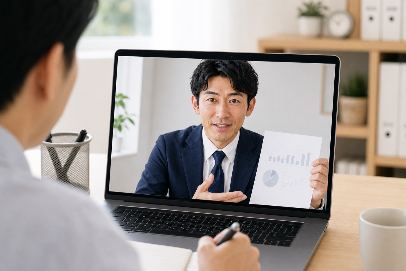 ノートパソコンの画面越しに、診断レポートを見せながらオンラインで相談するAI係長