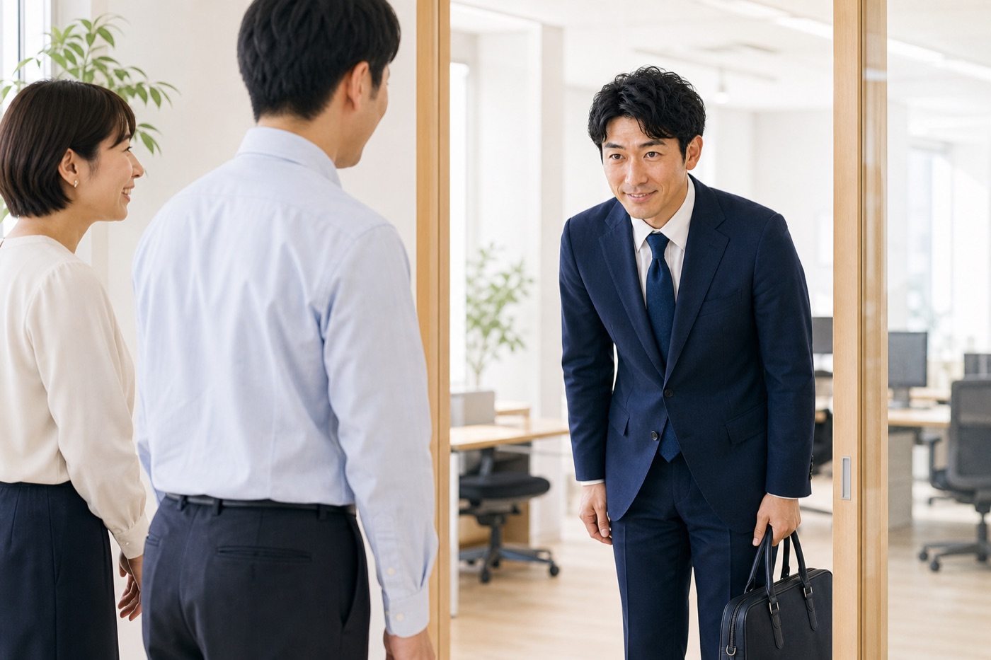 オフィスの入口で、社員に挨拶しながら出社するAI係長