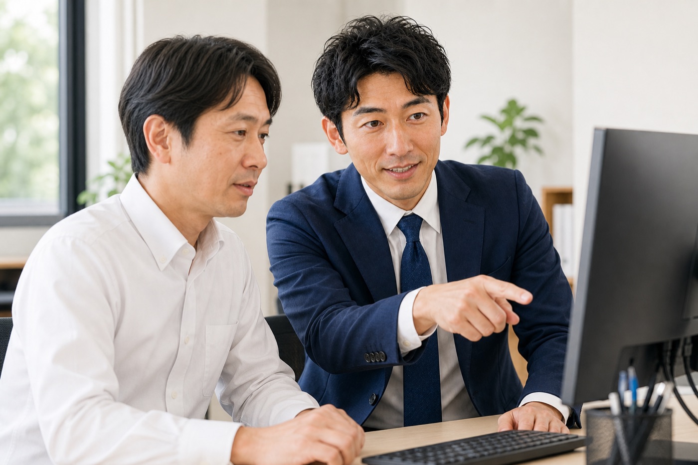 社員の隣に座り、パソコンの画面を指差しながら説明するAI係長