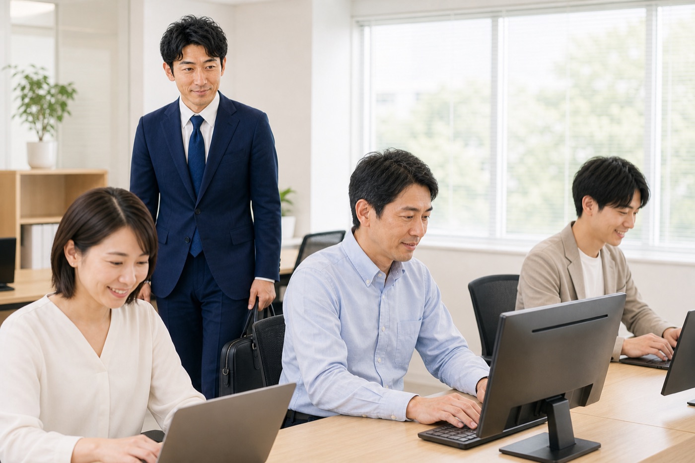 社員たちが自分のパソコンで仕事を進め、AI係長が少し後ろから見守っている様子